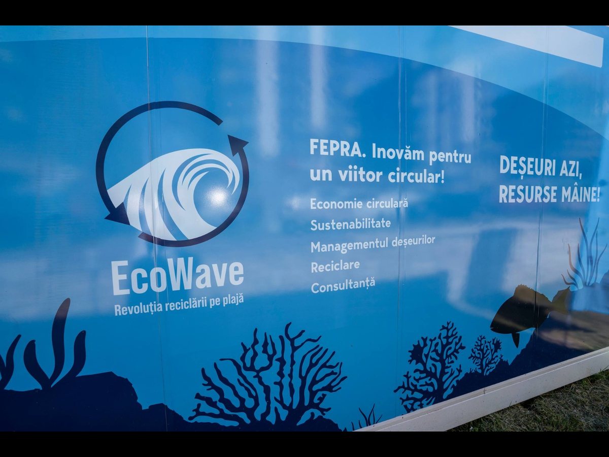 The EcoWave automated collection point on Zanzibar beach in Năvodari, with the message “FEPRA. Innovating for a circular future!”