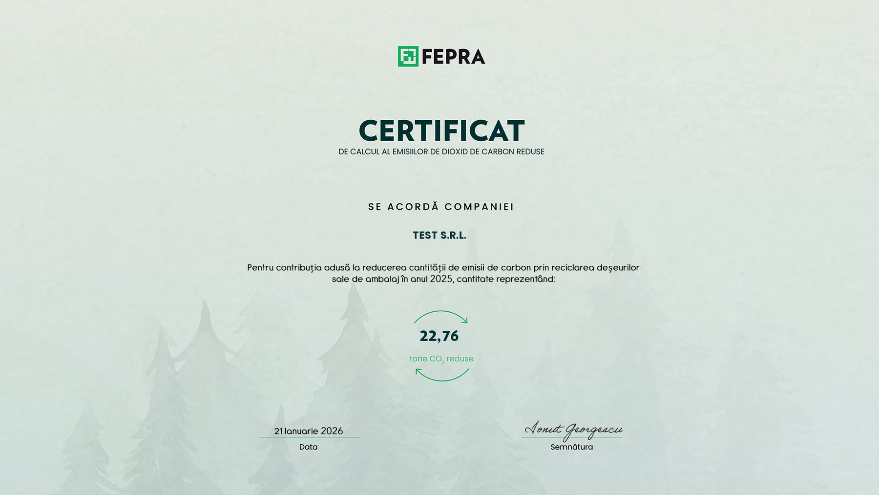 Certificat FEPRA de calcul al emisiilor de dioxid de carbon reduse, acordat companiei Test S.R.L. pentru anul 2025: 22,76 tone CO₂ reduse