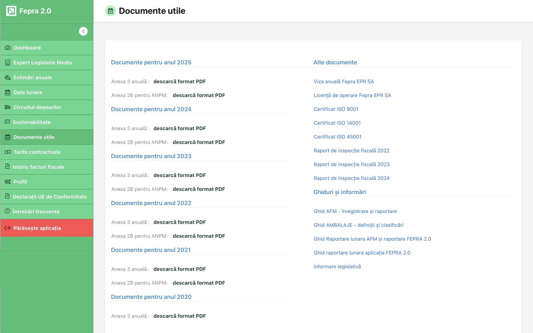 Pagina Documente utile din FEPRA 2.0: Anexa 3 anuală și Anexa 2B pentru fiecare an, certificate ISO, rapoarte de inspecție și ghiduri