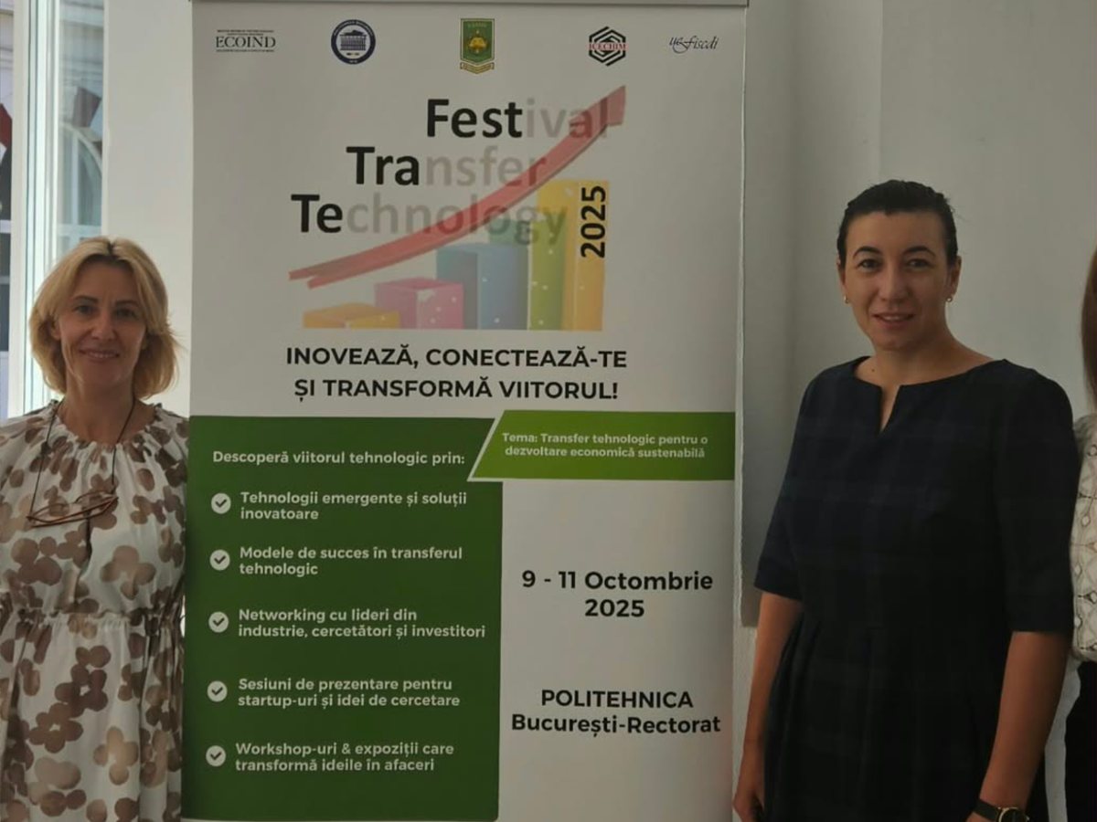Two GIS colleagues at the Transfer Technology Festival 2025, Politehnica University of Bucharest