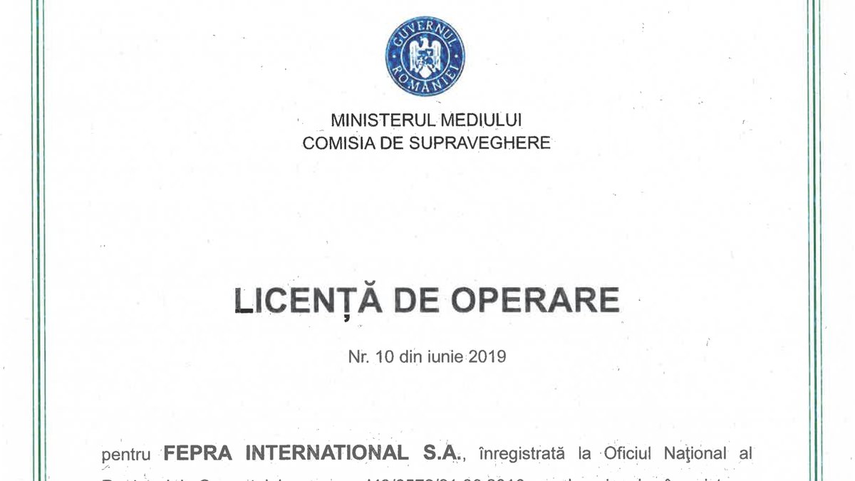 PRO operating licence no. 10 of June 2019, issued by the Ministry of Environment
