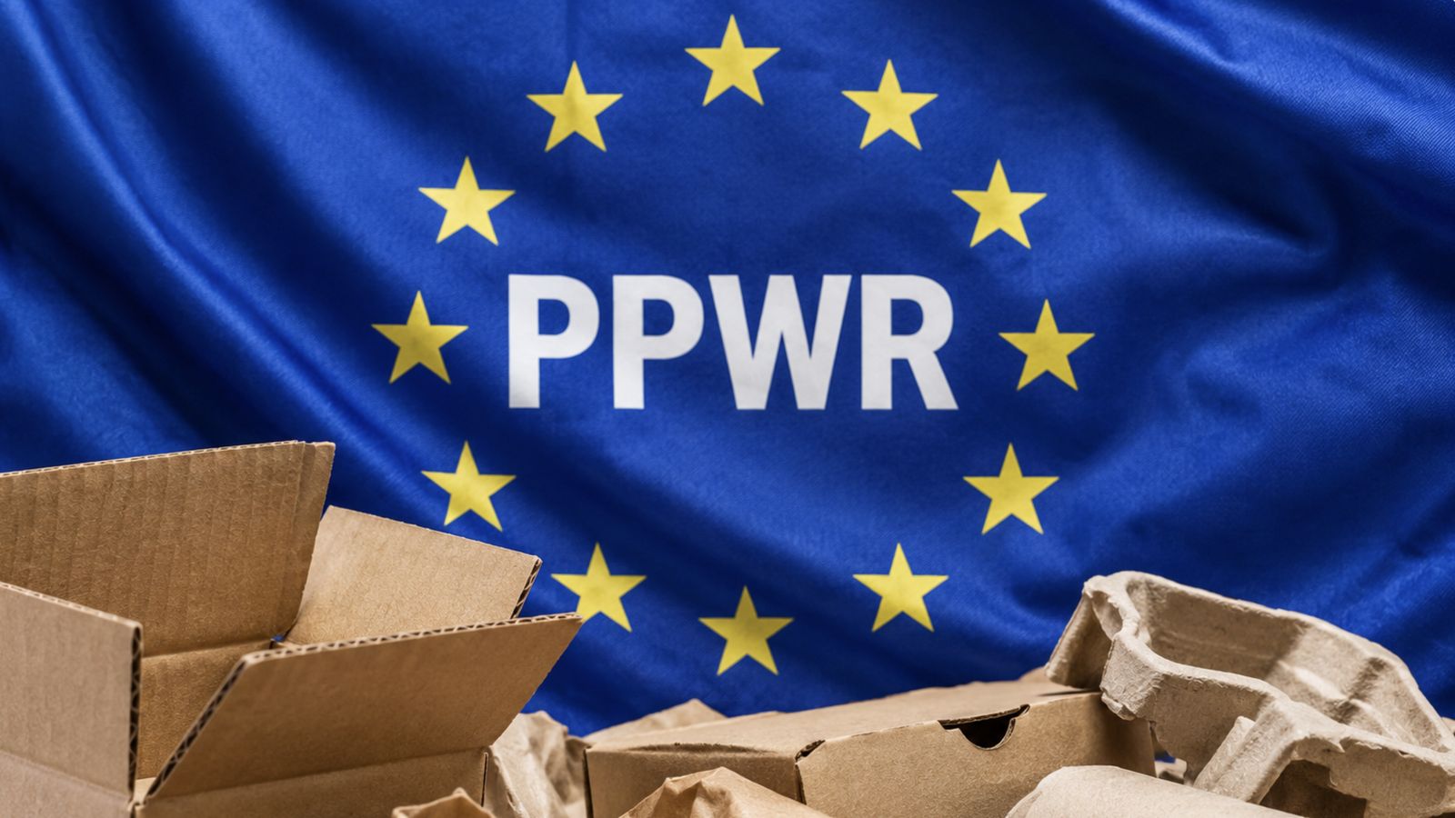 Cardboard packaging in front of the European Union flag, with the text PPWR
